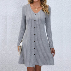 Chic V-Neck Buttoned Waist Long Sleeve Solid Color Midi Dress