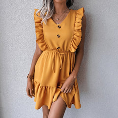 V Neck Ruffled Single Breasted Dress