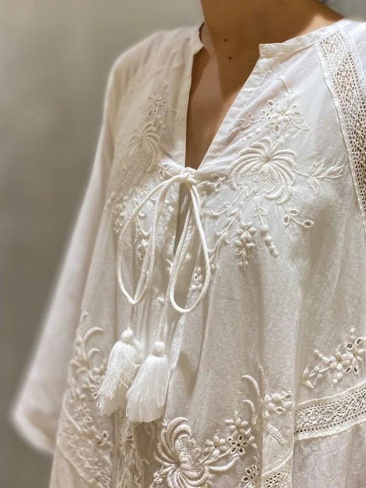 Elegant Embroidered White Lace V-Neck Boho Dress