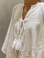 Elegant Embroidered White Lace V-Neck Boho Dress