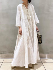 Elegant Embroidered White Lace V-Neck Boho Dress