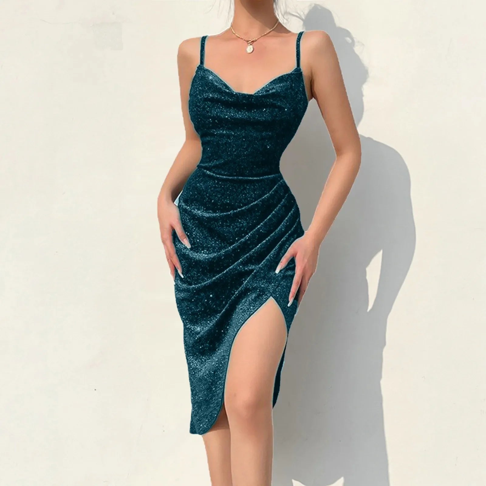 s Corset Satin Spaghetti Strap Sequin Bodycon Midi Dress