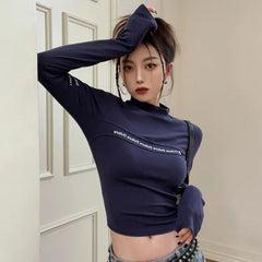 Vintage High-Neck Letter Print Long Sleeve Tee