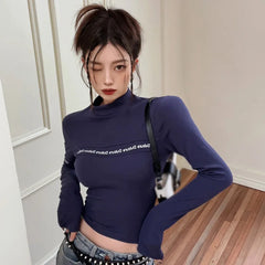 Vintage High-Neck Letter Print Long Sleeve Tee