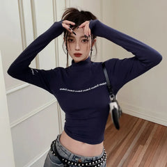 Vintage High-Neck Letter Print Long Sleeve Tee