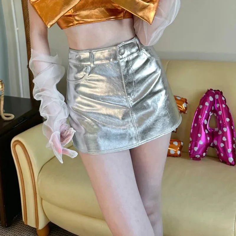 Pink Metallic Hot Girls High Waist Skirt