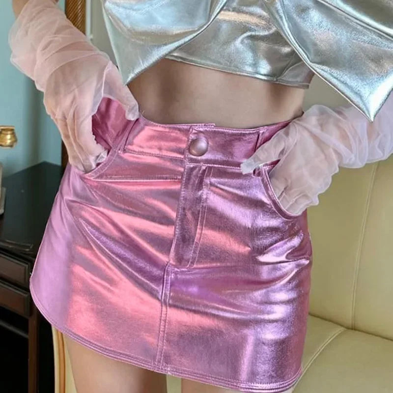 Pink Metallic Hot Girls High Waist Skirt