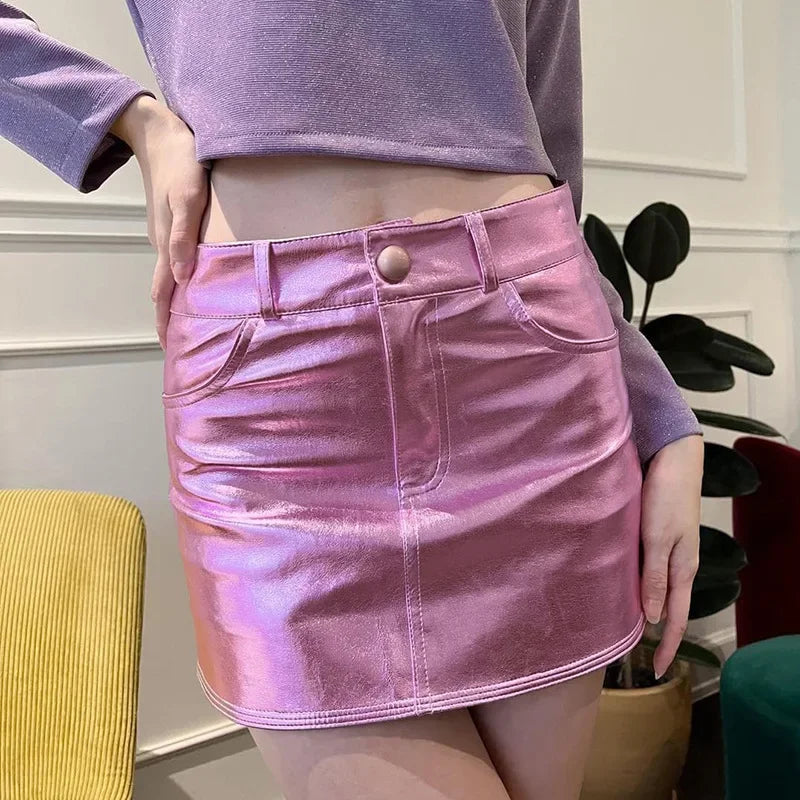 Pink Metallic Hot Girls High Waist Skirt