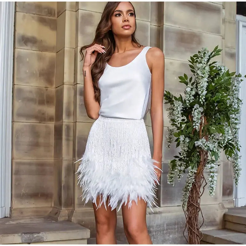 Y2K Sequins Feather Sleeveless Mini Skirt