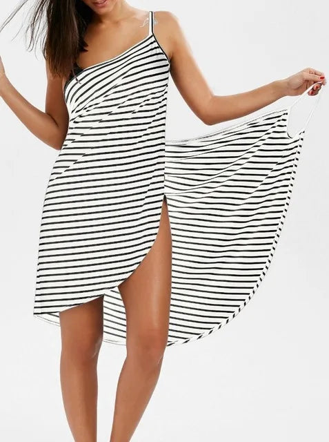 Backless Striped V-neck Spaghetti Knee-length Midi Dresses