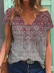 V Neck Cotton-Blend Tribal Short Sleeve T-Shirts