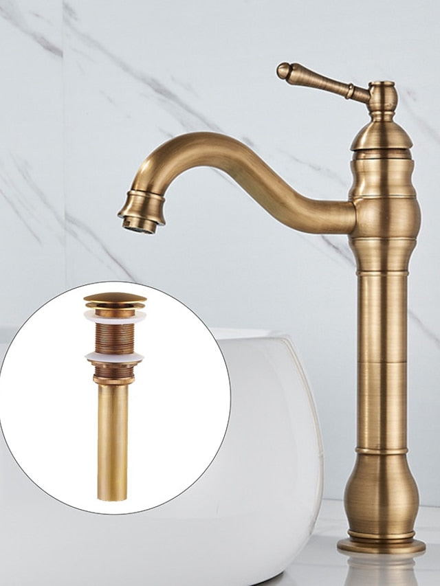 Bathroom Sink Mixer Faucet Antique Brass ORB, 360 Rotatable Basin Tap Single Handle Deck Mounted, Traditional Washroom Vessel Bath Taps