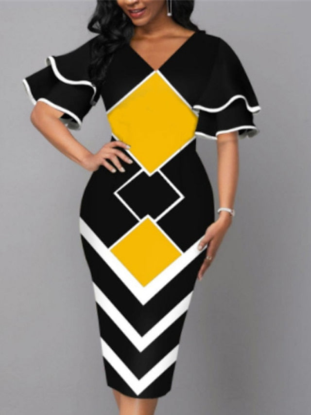 Bodycon Sheath Dress Modern Dress Midi Dress Yellow Wine Royal Blue Half Sleeve Print Ruffle Summer Spring V Neck Stylish  S M L XL XXL 3XL 4XL 5XL for Women