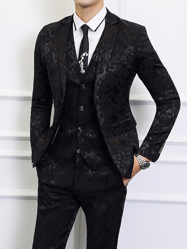 Black Dark Navy Men's Wedding Suits 3 Piece Patterned Standard Fit Single Breasted Two-buttons