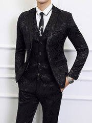 Black Dark Navy Men's Wedding Suits 3 Piece Patterned Standard Fit Single Breasted Two-buttons