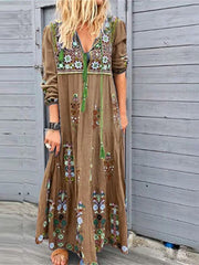 Bohemia Casual Dress Shift Dress Boho Dress Long Dress Maxi Dress Red Blue Brown Long Sleeve Floral Print Summer Fall Autumn V Neck Vacation Weekend Fall Dress  S M L XL XXL 3XL 4XL for Women