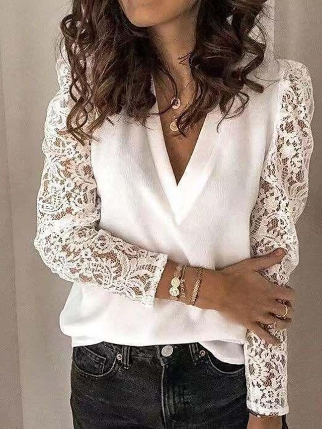 Blouse Lace Patchwork Solid / Plain Color Elegant & Luxurious V Neck Regular Spring &  Fall Black White Pink Blue Grey for Women