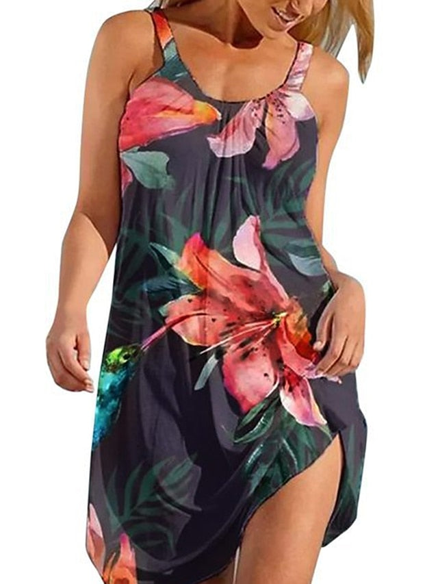 Beach Dress Beach Wear Mini Dress Print Modern Casual Floral Spaghetti Strap Sleeveless Loose Fit Outdoor Daily Black White  Summer Spring XXS XS S M for Women