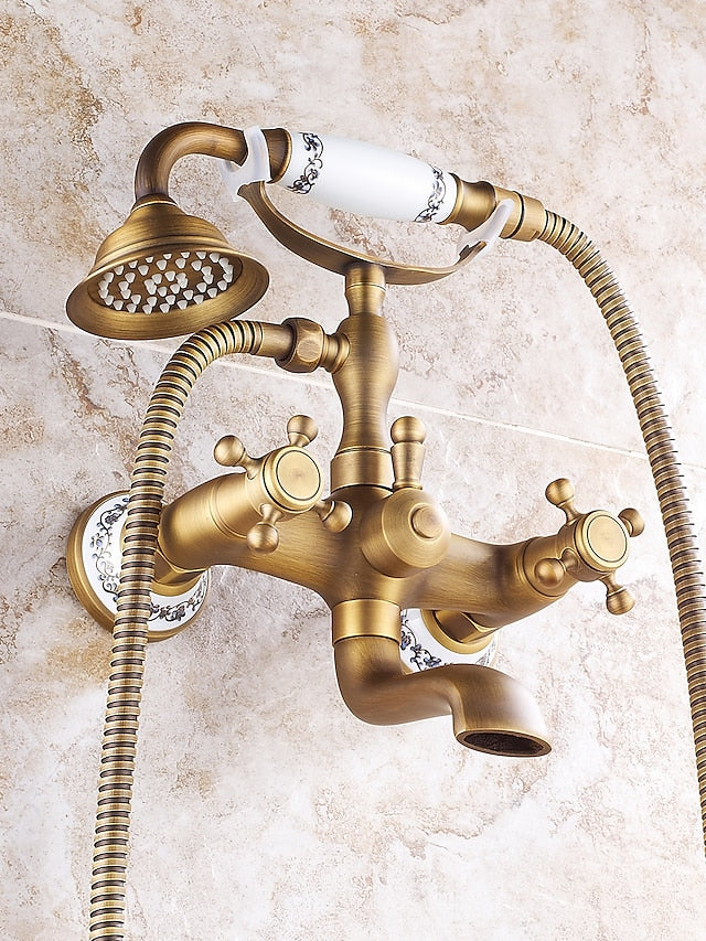 Bathroom Sink Faucet,Brass Telephone Shape Wall Installation Widespread Pull-out Country Style Electroplated Copper Finish Two Handles Bathtub Faucet with Handshower and Drain