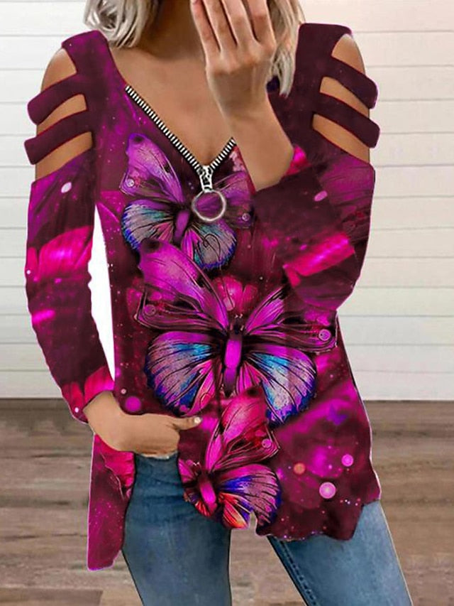 Blouse Cut Out Butterfly Regular Spring &  Fall Black And White Black Blue Purple Orange for Women