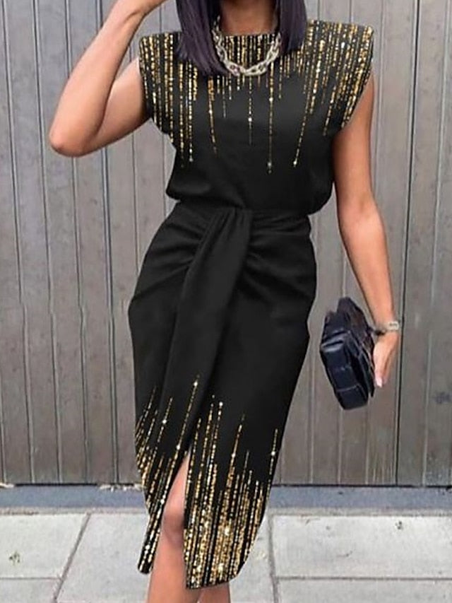 Bodycon Midi Dress Black Short Sleeve Print Sequins Spring Summer High Neck Casual Weekend  S M L XL XXL 3XL for Women