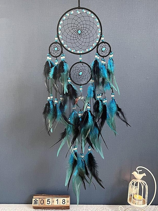 Blue Dream Catcher Handmade Gift Feather Hook Flower Wind Chime with Five Circles Ornament Wall Hanging Decor Art Boho Style 15x85cm/5.9'' x 88.4''