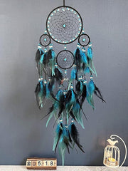 Blue Dream Catcher Handmade Gift Feather Hook Flower Wind Chime with Five Circles Ornament Wall Hanging Decor Art Boho Style 15x85cm/5.9'' x 88.4''