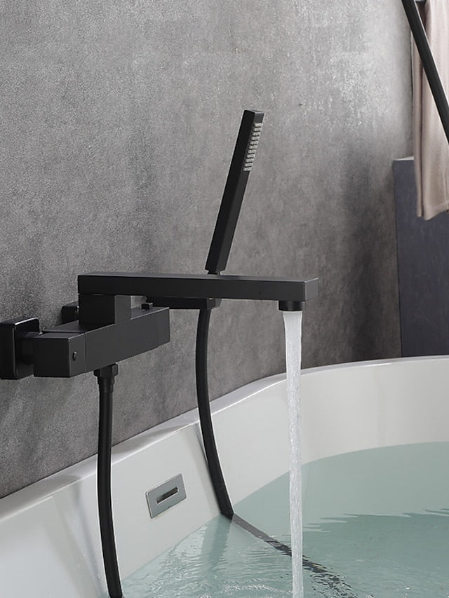 Bathtub Faucet Black Wall Mounted, Bathroom Faucet Bath Roman Tub Filler Mixer Tap Brass, 2 Hole Sprayer with Cold Hot Water Hose
