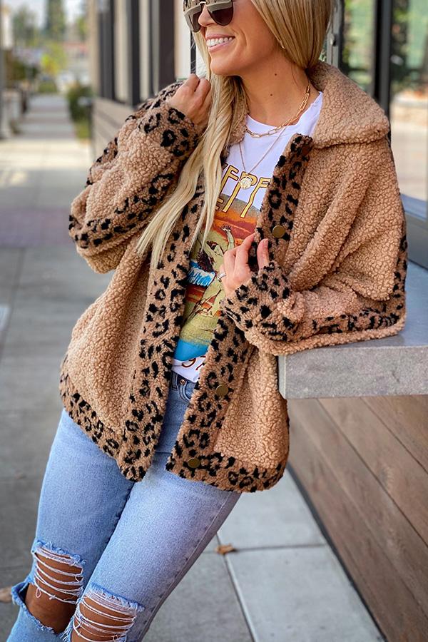 Leopard Design Women turn down neck warm coats