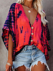 Bat Sleeve Tie-dye Print Blouse for Women