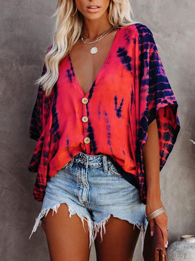 Bat Sleeve Tie-dye Print Blouse