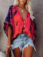 Bat Sleeve Tie-dye Print Blouse for Women