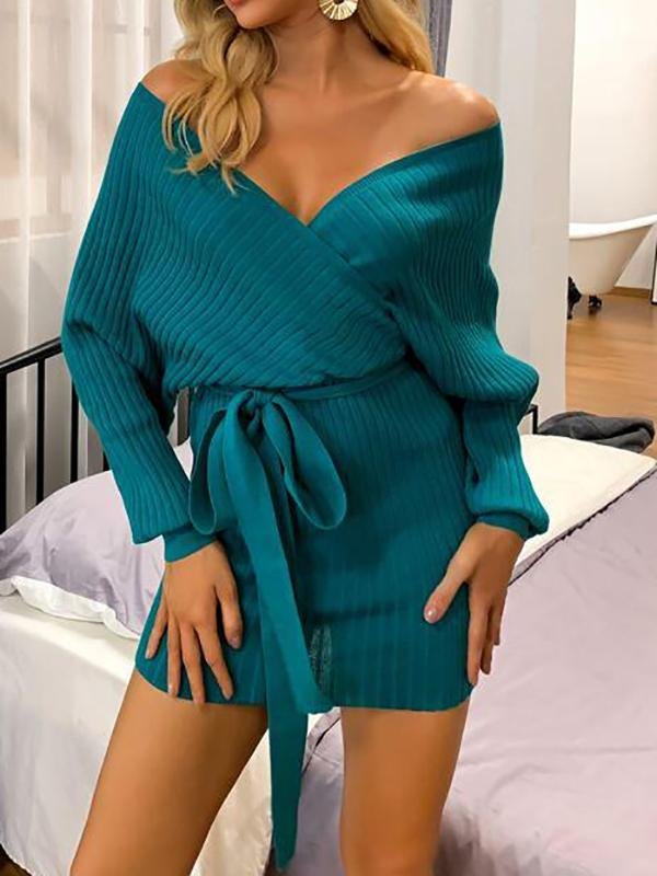 Batwing Sleeve Belted Sweater Dress for Women