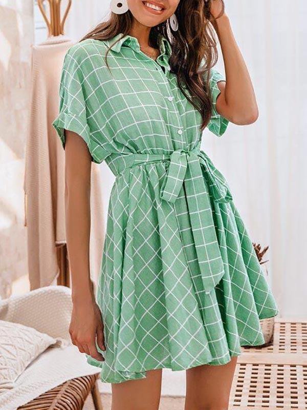 Batwing Sleeve Self Belted Grid Shirt Dress