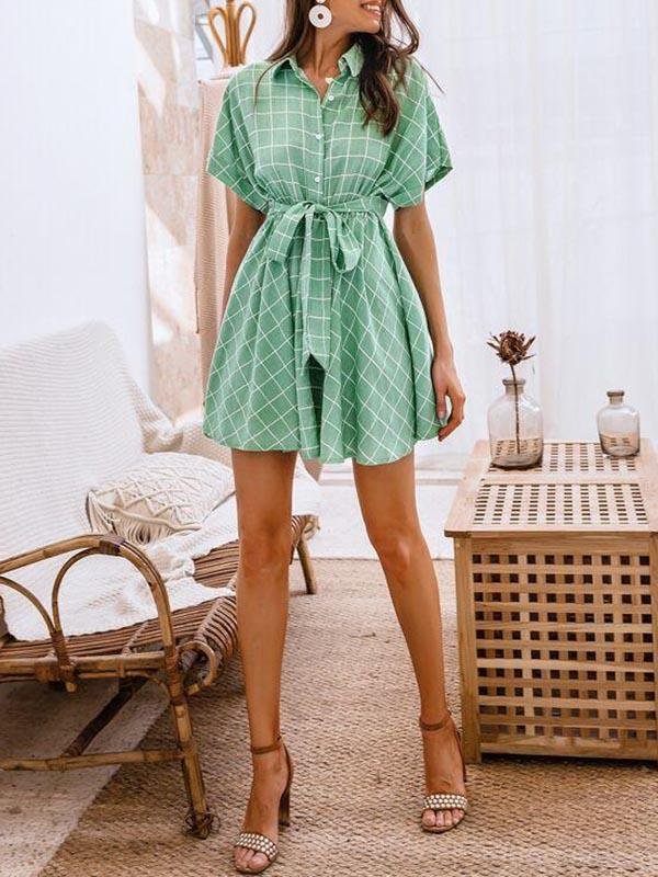 Batwing Sleeve Self Belted Grid Shirt Dress