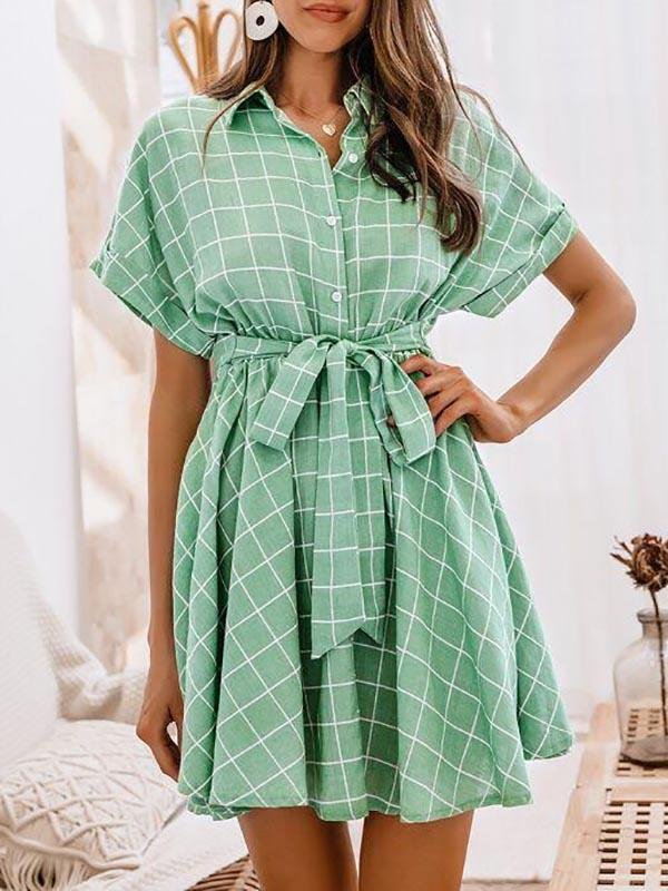 Batwing Sleeve Self Belted Grid Shirt Dress