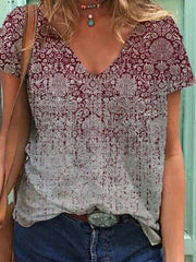 V Neck Cotton-Blend Tribal Short Sleeve T-Shirts