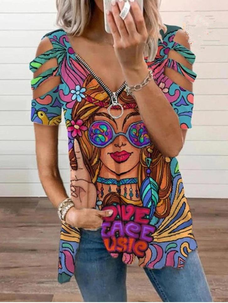 Beauty Image V-Neck Zipper Cutout Short Sleeve T-Shirt for Women