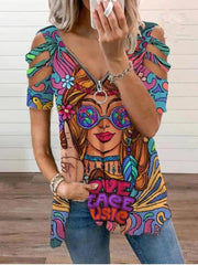 Beauty Image V-Neck Zipper Cutout Short Sleeve T-Shirt for Women