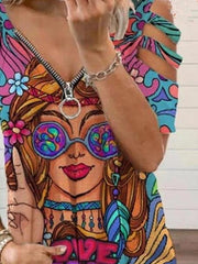 Beauty Image V-Neck Zipper Cutout Short Sleeve T-Shirt for Women