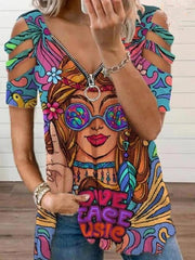 Beauty Image V-Neck Zipper Cutout Short Sleeve T-Shirt for Women