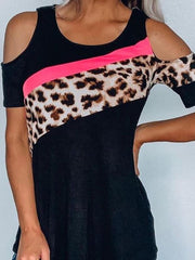 Beauty Strapless Leopard Print Stitching Short Sleeve T-shirt for Women