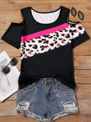 Beauty Strapless Leopard Print Stitching Short Sleeve T-shirt for Women