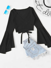 Bell Sleeve Self-Tie Crop Top for Women