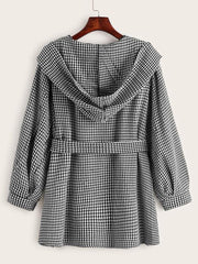 Belted Houndstooth Print Hooded Coat