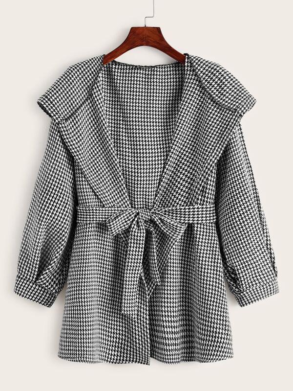 Belted Houndstooth Print Hooded Coat for Women