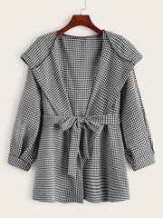 Belted Houndstooth Print Hooded Coat