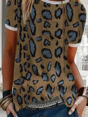 Leopard-Print Casual Cotton-Blend Short Sleeve T-shirts
