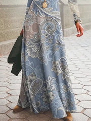 Boho Dress Long Dress Maxi Dress Blue Long Sleeve Geometric Patchwork Winter Fall Crew Neck  S M L XL 2XL for Women