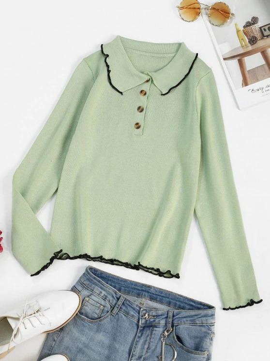 Binding Lettuce Trim Henley Knit Sweater